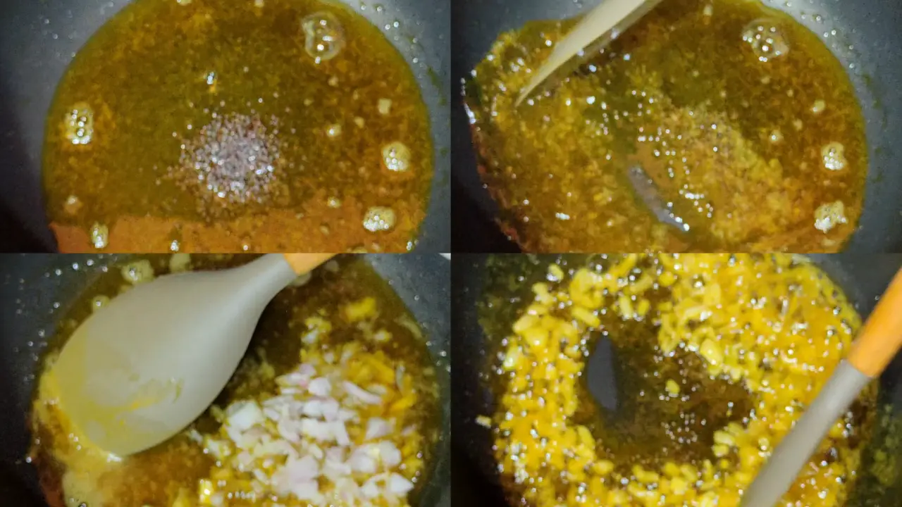 Adding black mustard seeds, chopped onions to the oil