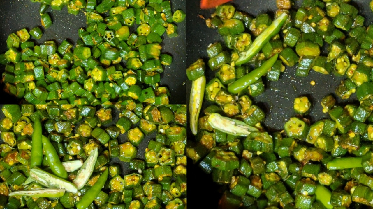 Adding green chilis and stir-frying