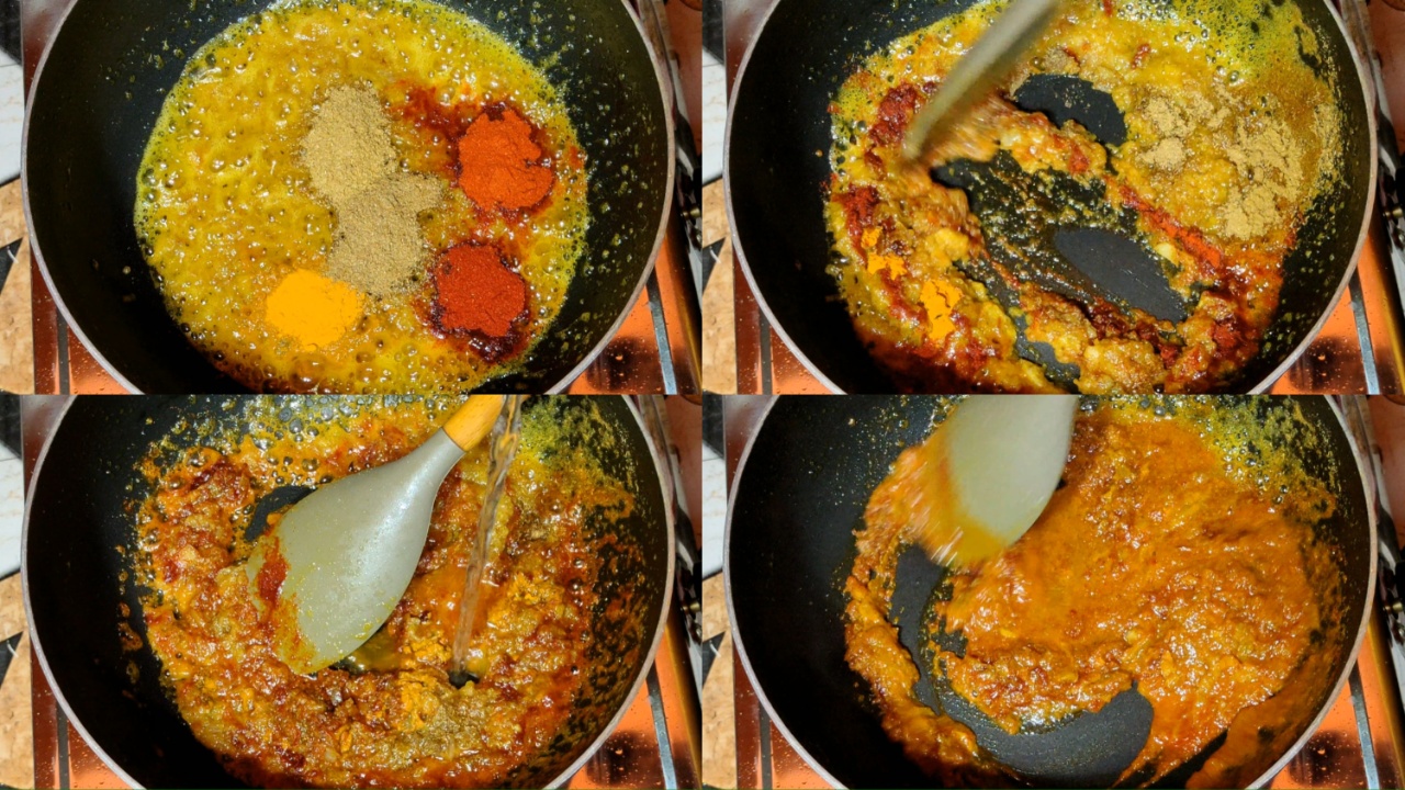 Adding turmeric powder, Kashmiri red chili powder, red chili powder, coriander powder, cumin powder and stirring