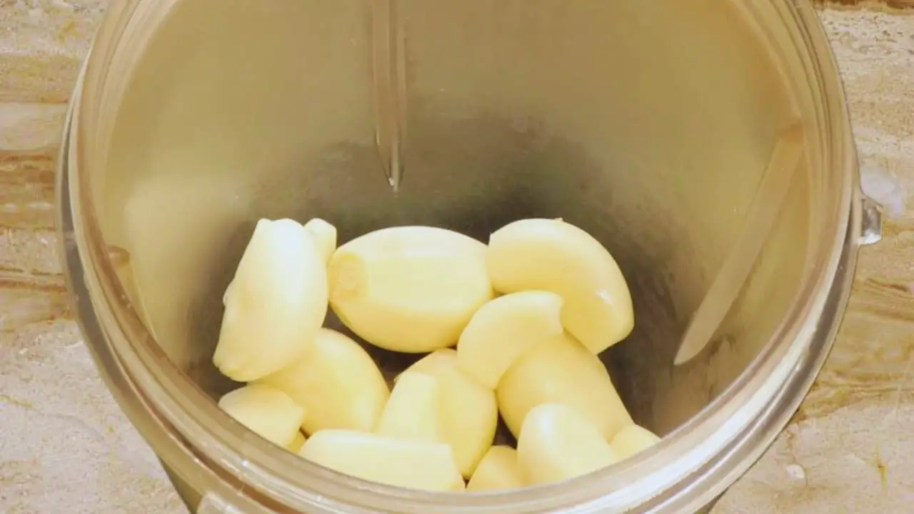 Adding 10 to 12 cloves of fresh and deskinned garlic in grinder