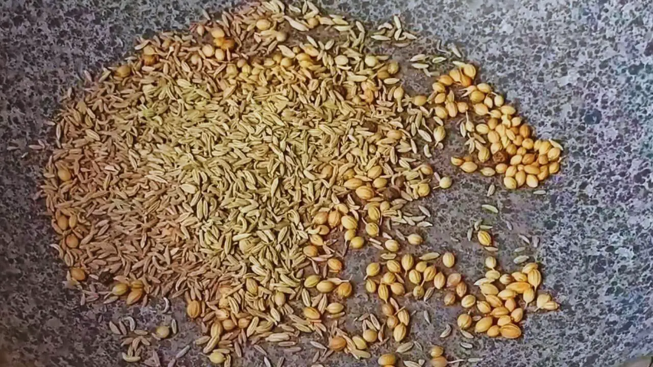 Adding 1 tbsp of cumin seeds and 1 tbsp of fennel seeds in heated pan