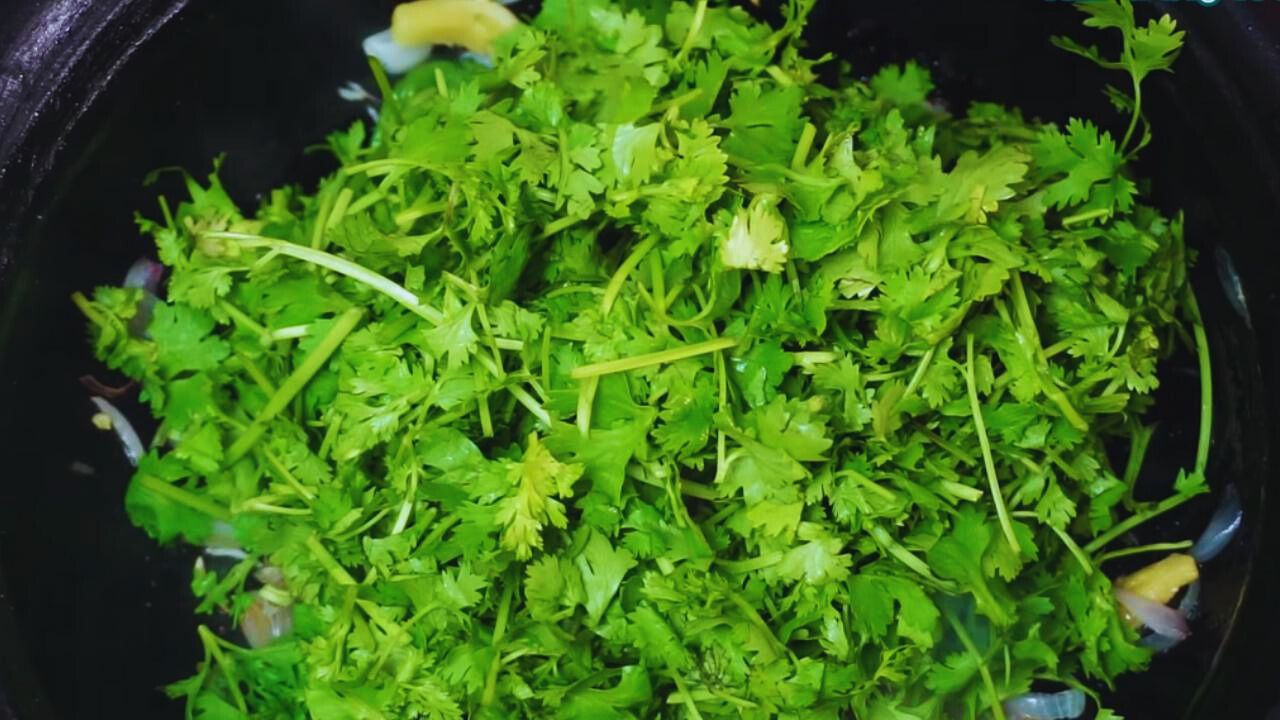 Adding 1 cup of chopped fresh coriander leaves to the wok