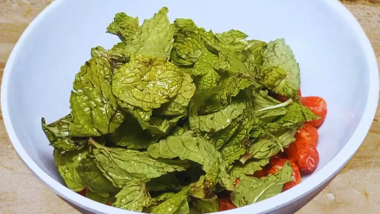Added 1 cup of fresh mint leaves to the ingredients in the bowl