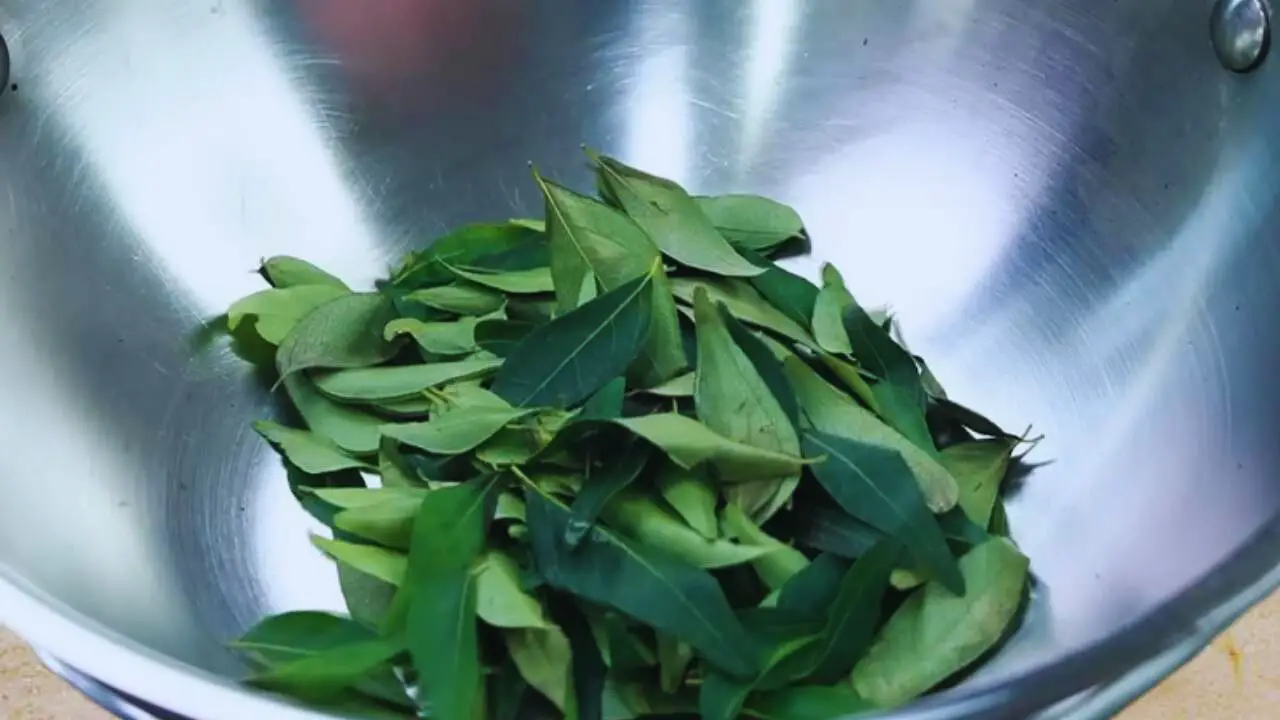 Adding ¼ cup of fresh curry leaves in the wok