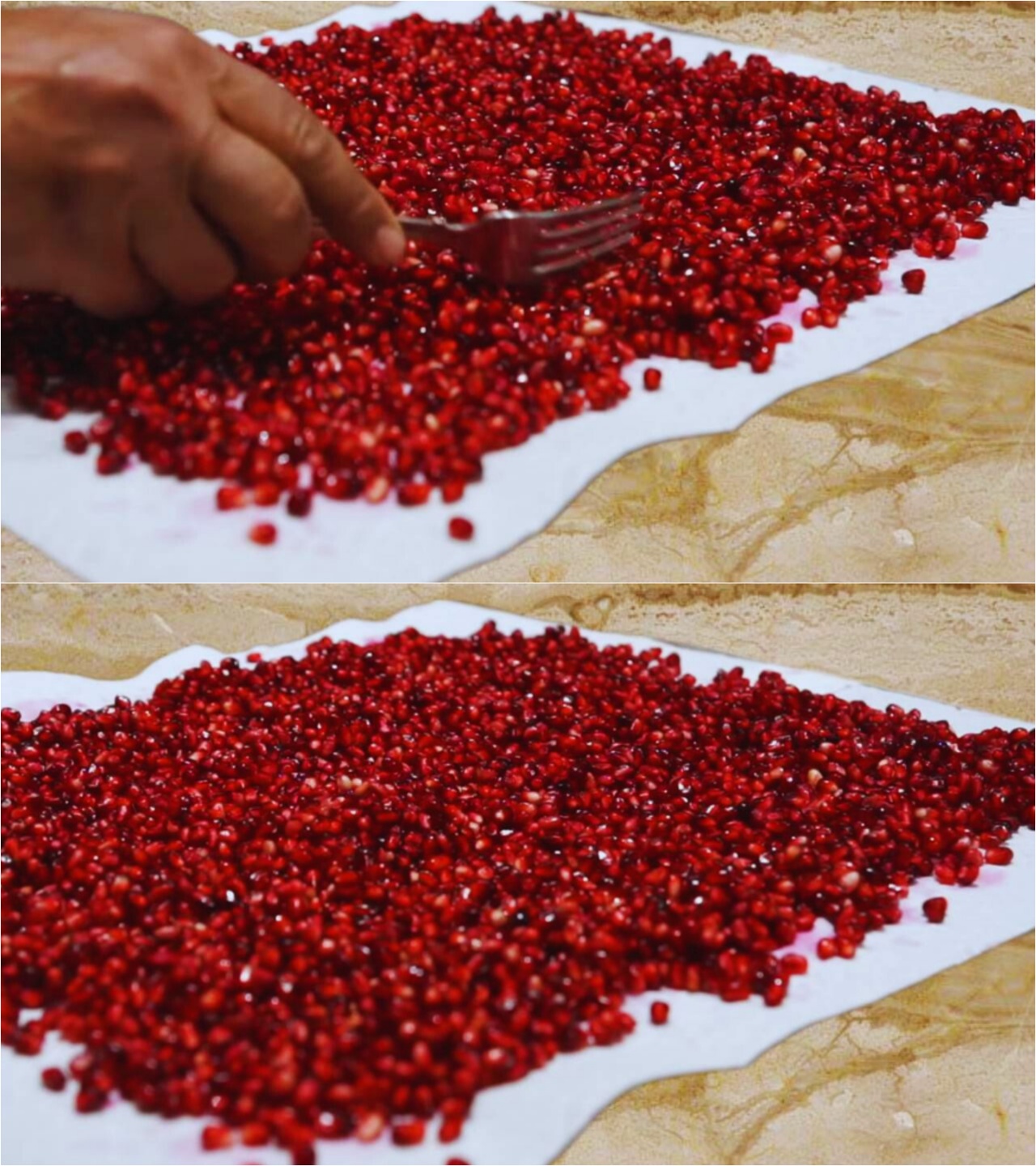 Drying pomegranate seeds on a paper towel to make powder