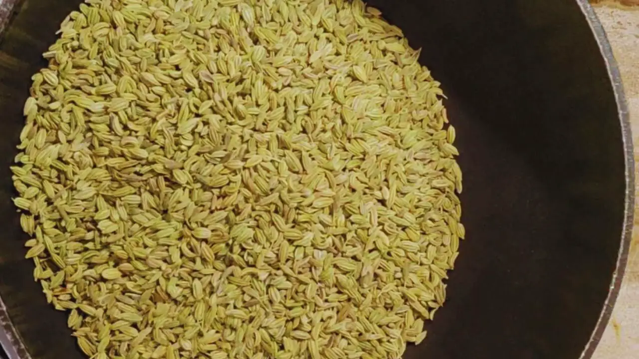 1 cup of fresh fennel seeds in frying pan