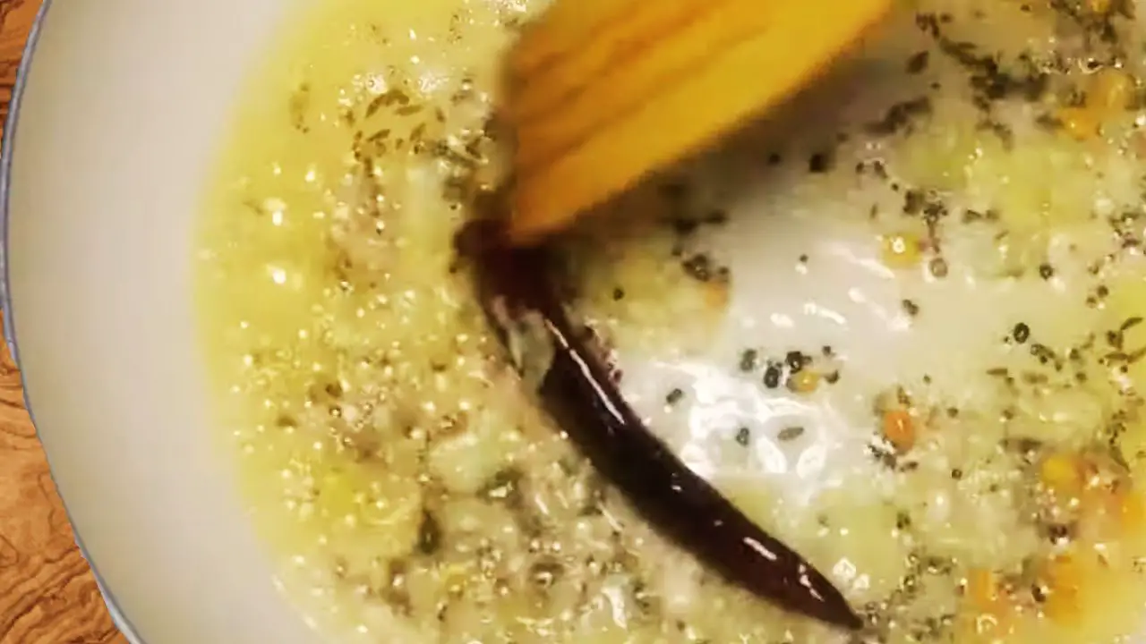 Frying 1 tbsp zest of mustard seeds, cumin seeds, mungo bean, Bengal gram, 1 dry red chili and 1 tbsp crushed garlic