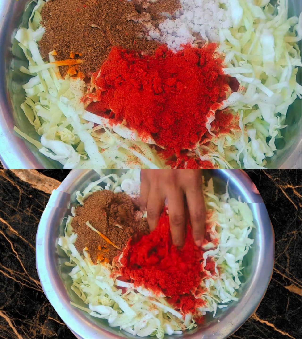 Mixing cabbage slices,1 cup red chili powder, 1 tsp turmeric powder, powdered salt and spice mix in a bowl