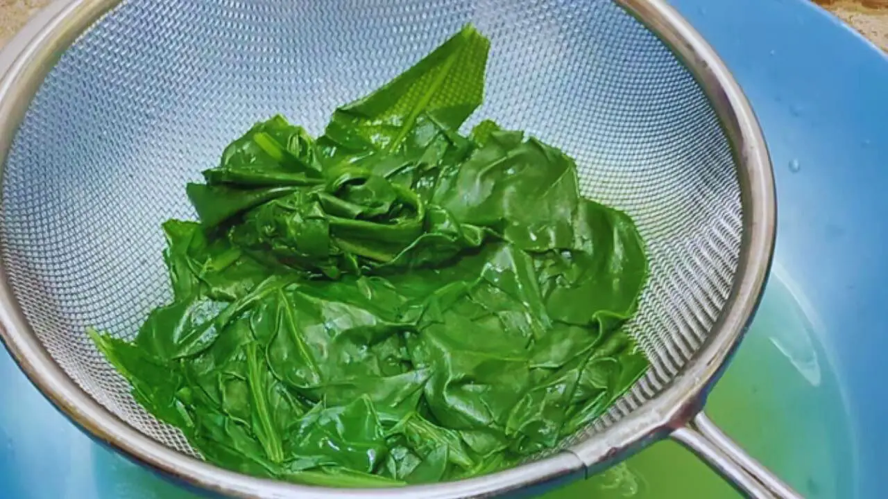 Pouring the spinach from the container into the strainer