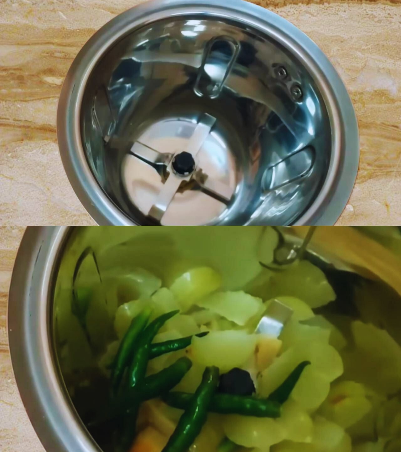 Putting the pieces of fresh amla in it along with 6 to 7 pieces of fresh green chilies and 1 piece of fresh ginger of about 1-inch size in grinder