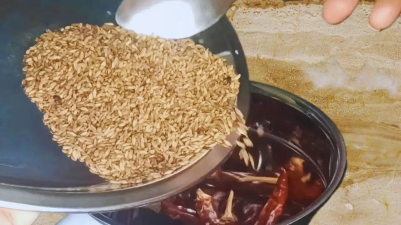 Transferred the roasted dry red chilies and cumin seeds in grinder