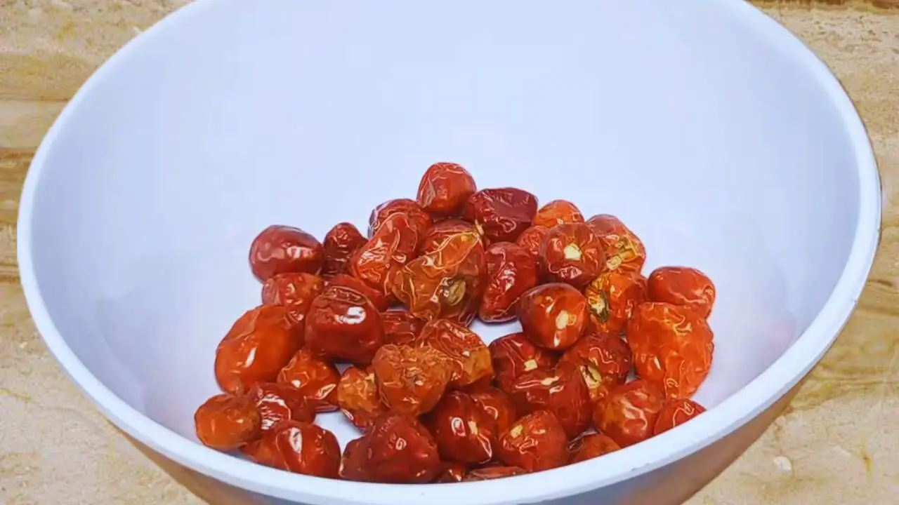 Half a cup of whole red chilies in a bowl