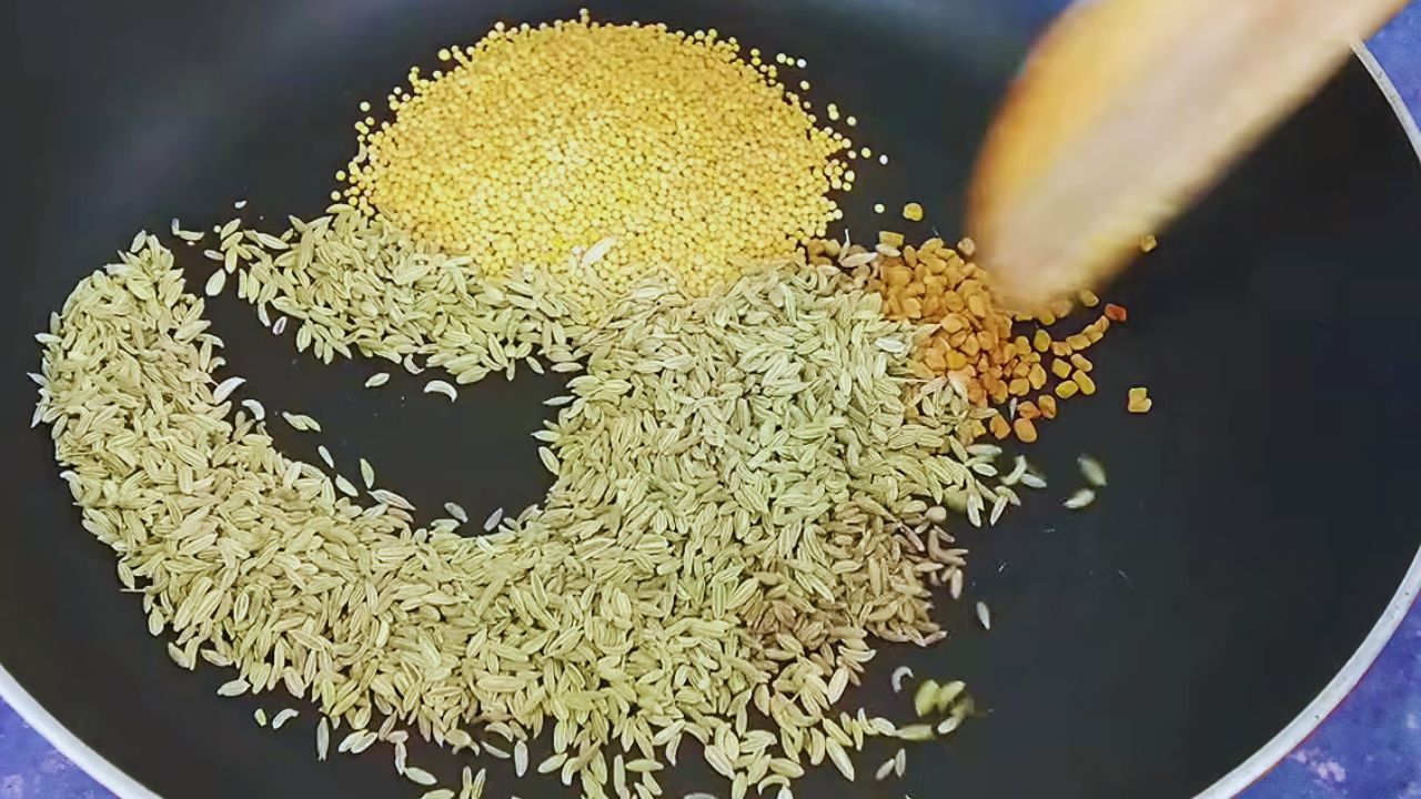 Added 2½ tbsp fennel seeds, 2 tbsp yellow mustard seeds, 1tsp fenugreek seeds and 1tsp cumin seeds in frying pan