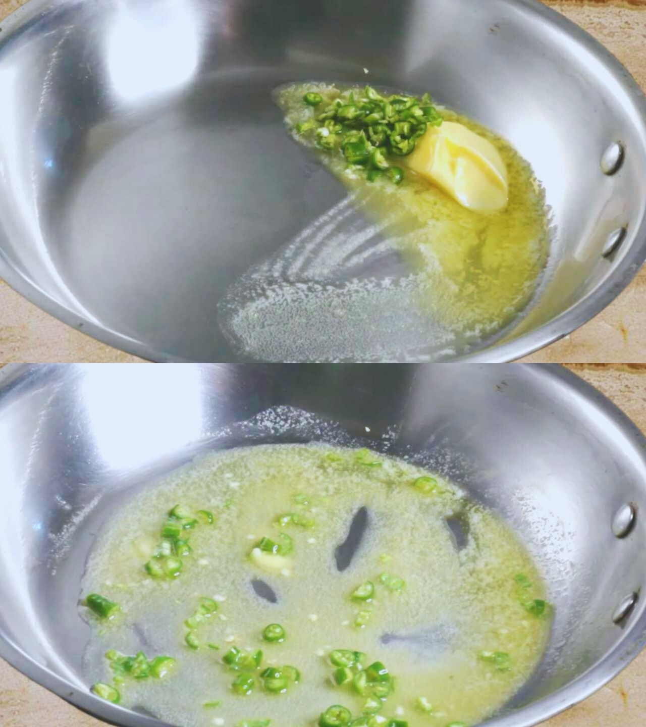 Cooking green chiles in butter for the chicken finger mixture 