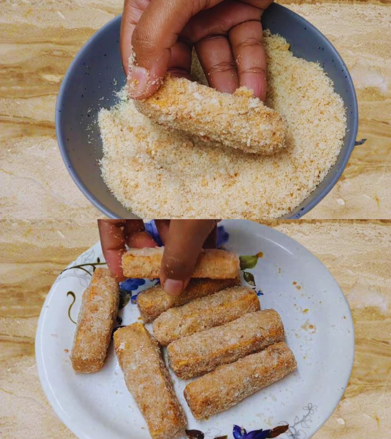 Nicely coated paneer fingers ready for refrigeration