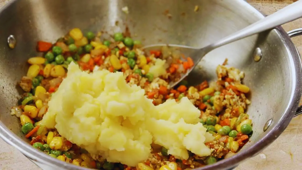 Adding boiled and mashed potato to the vegetable finger mixture 