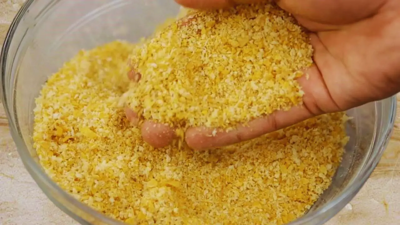 Corn Flakes and bread crumbs to coat vegetable finger