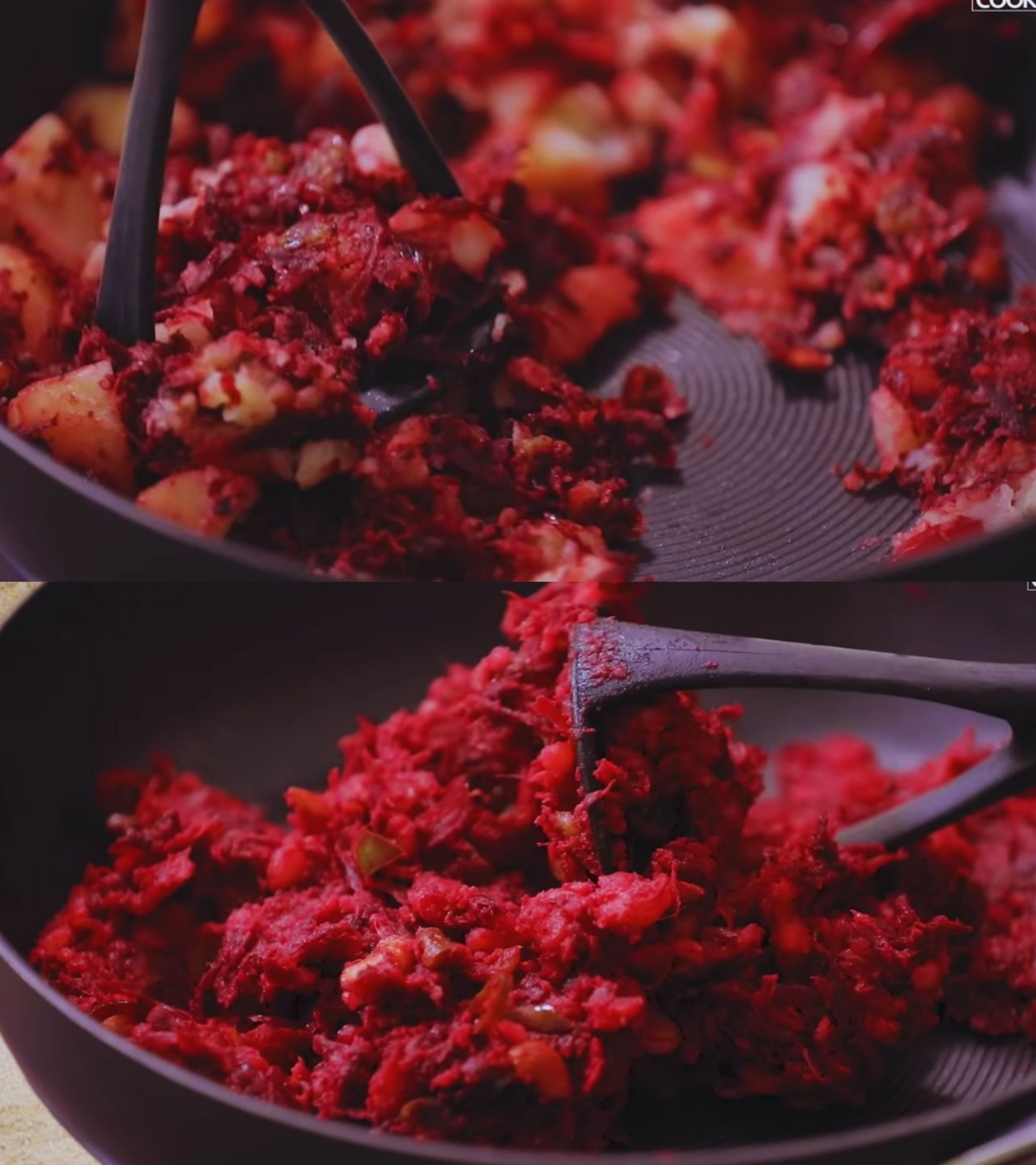 Mashing and mixing potatoes to make a smooth beetroot cutlet mixture 