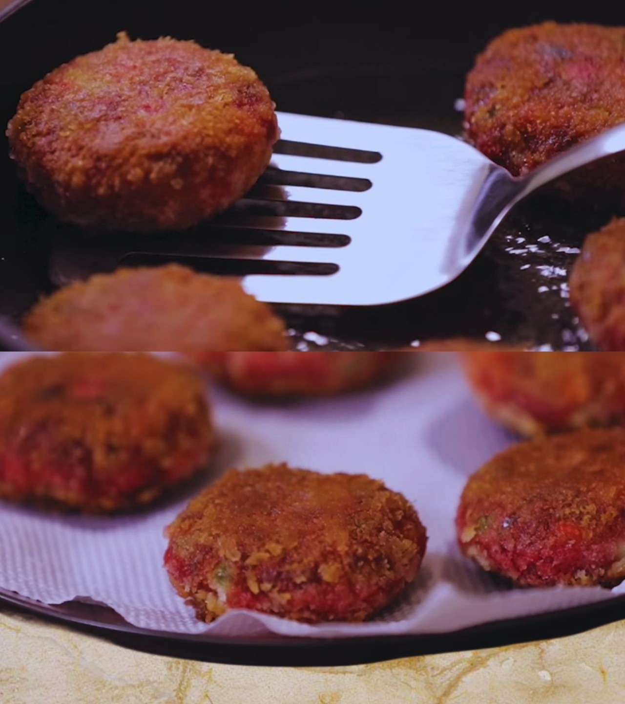 Putting fried beetroot cutlets on tissue paper