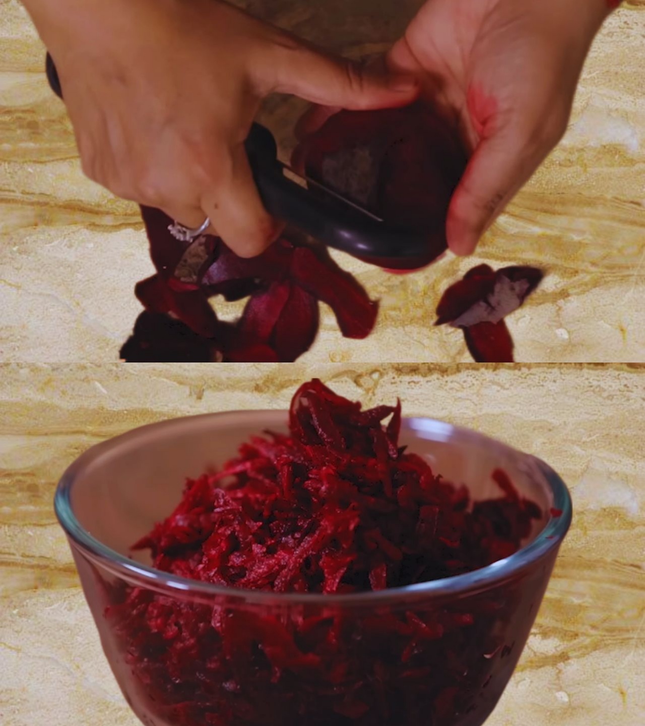 Peeling and grating beetroot to make cutlets