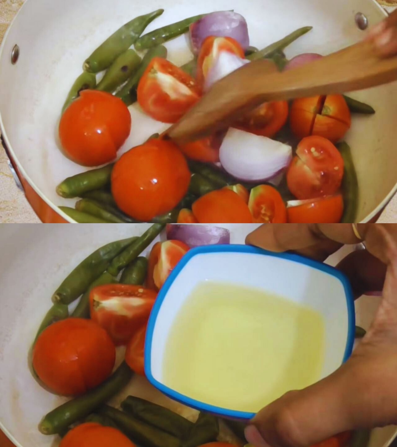 Tomato green chili chutney recipe step 6 Adding cooking oil