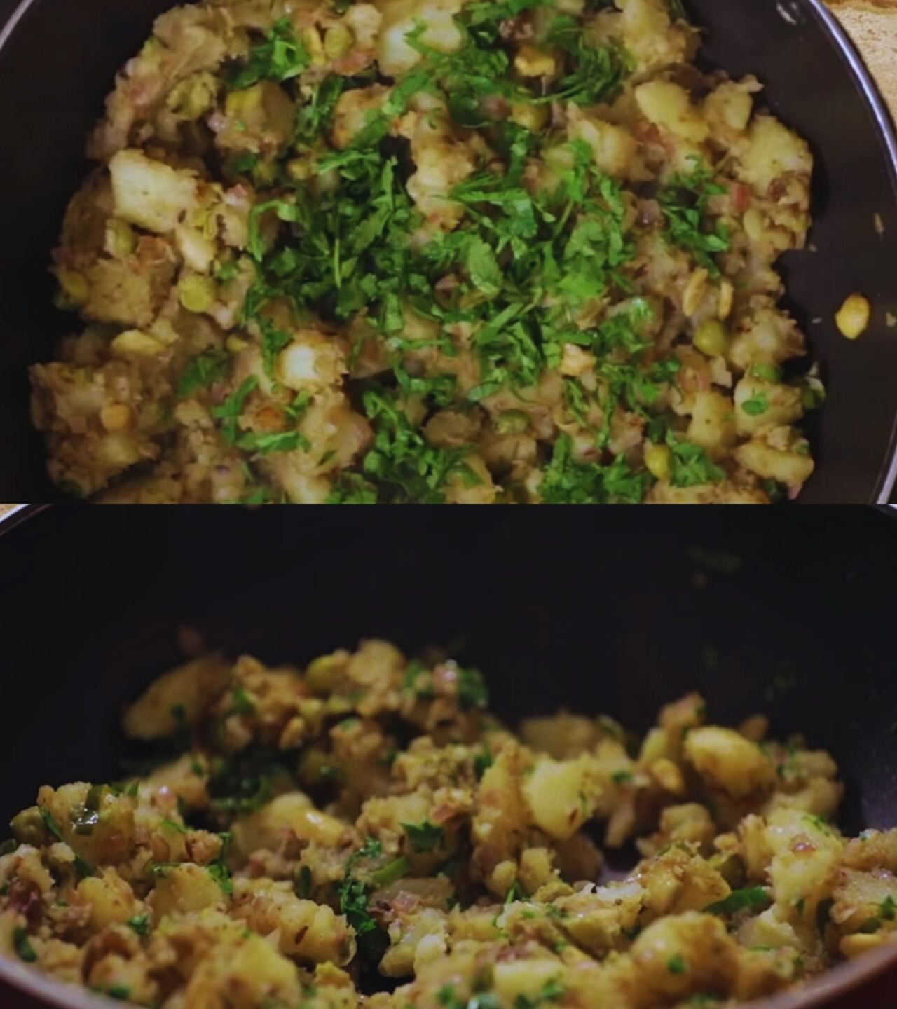 Adding coriander leaves to Vegetable Samosa mixture 