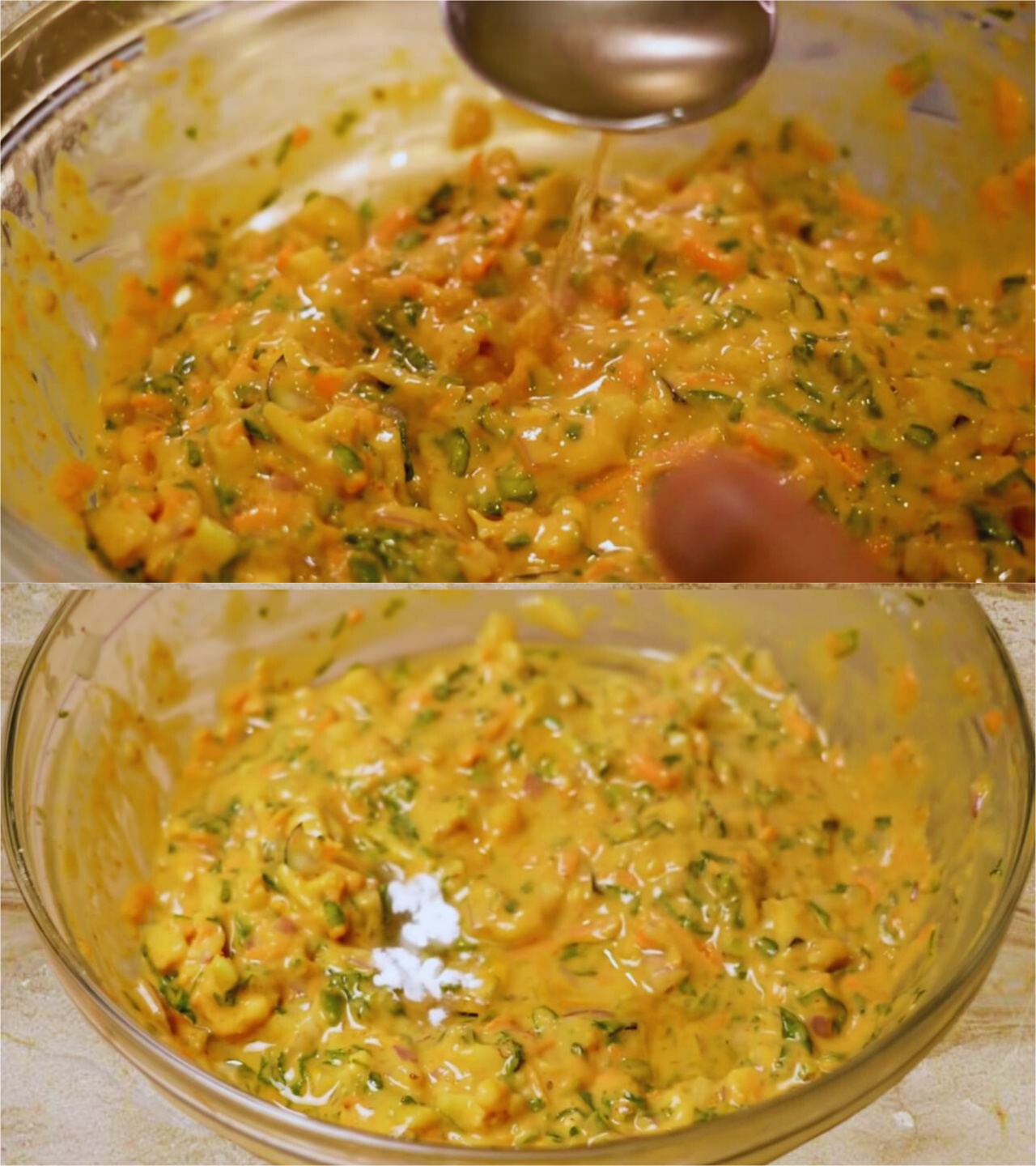 Adding hot oil and baking soda to Vegetable Pakora mixture 