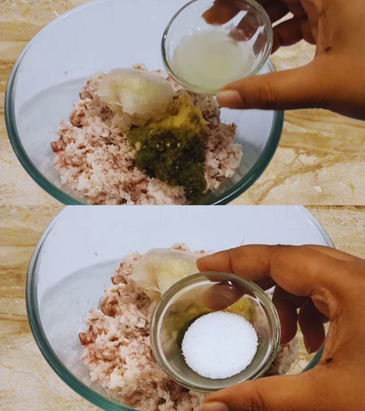 Adding lime juice and salt to Fish Cutlet ingredients 