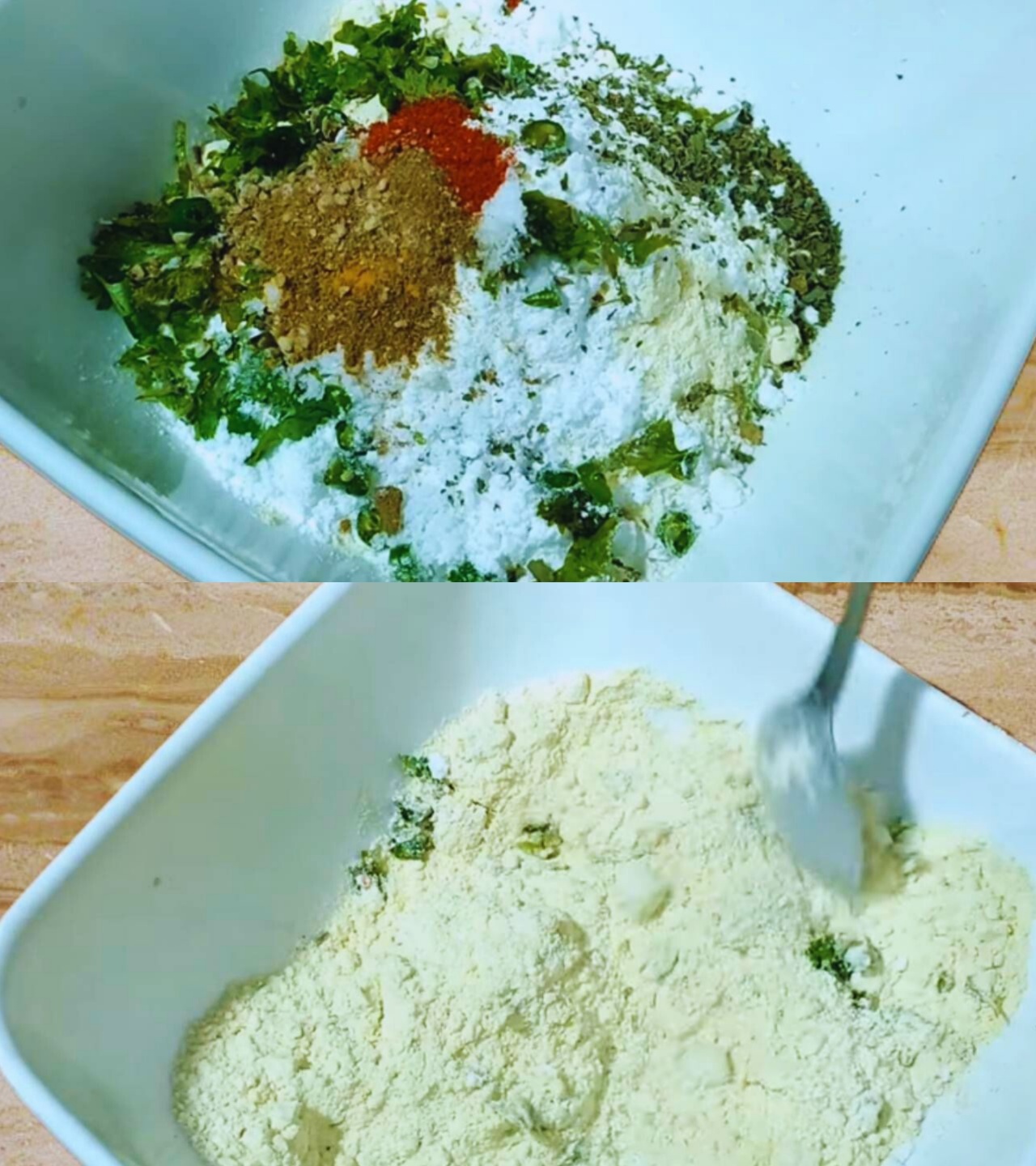 Adding rest of powder spices to Paneer Pakora batter 