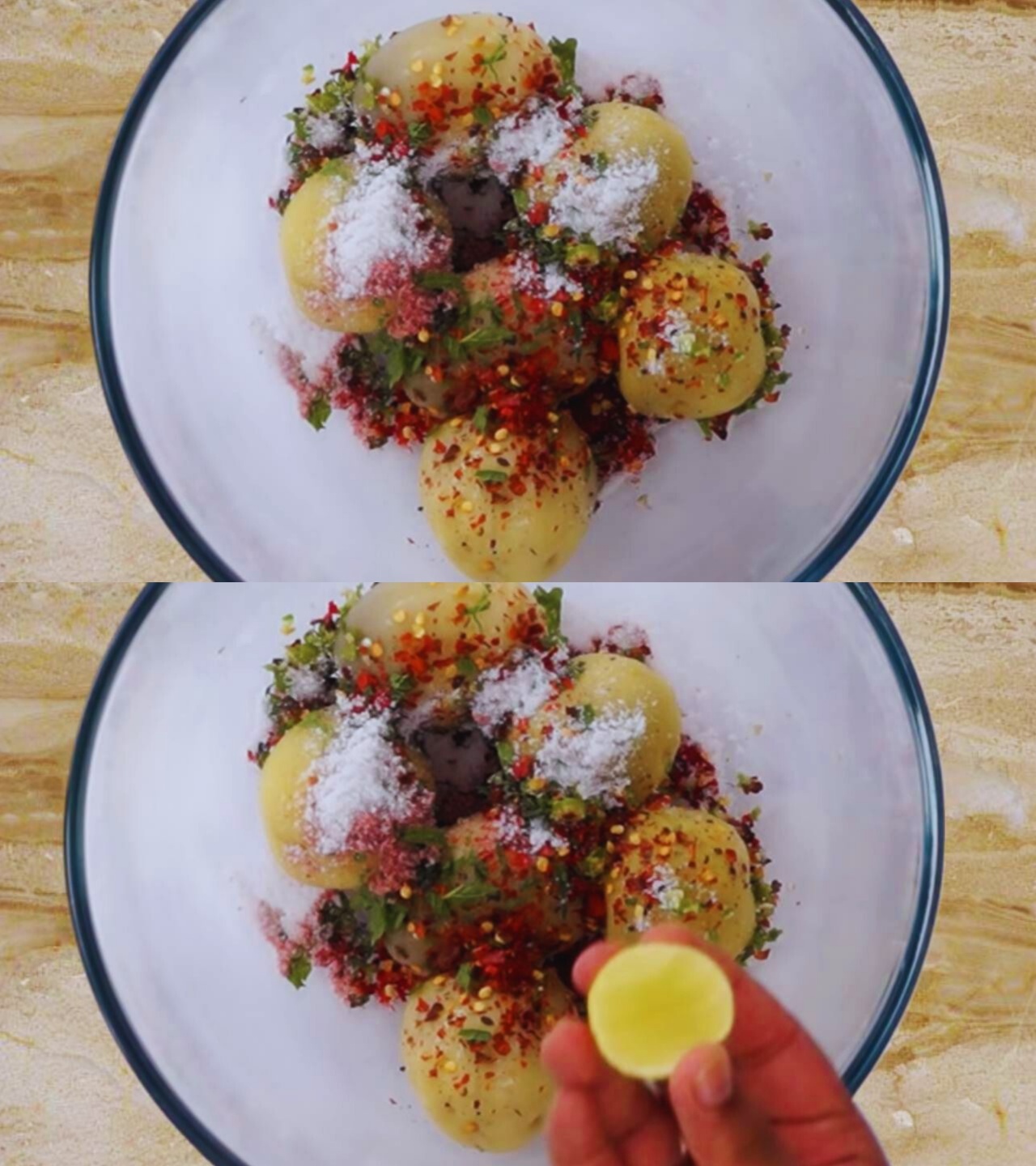 Adding spices to potatoes 
