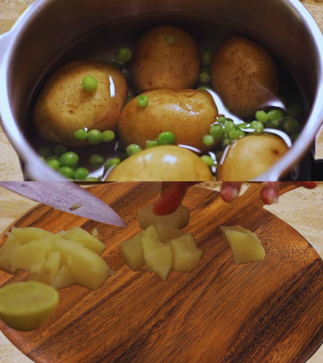 Boiling and cutting the vegetables for making samosa 