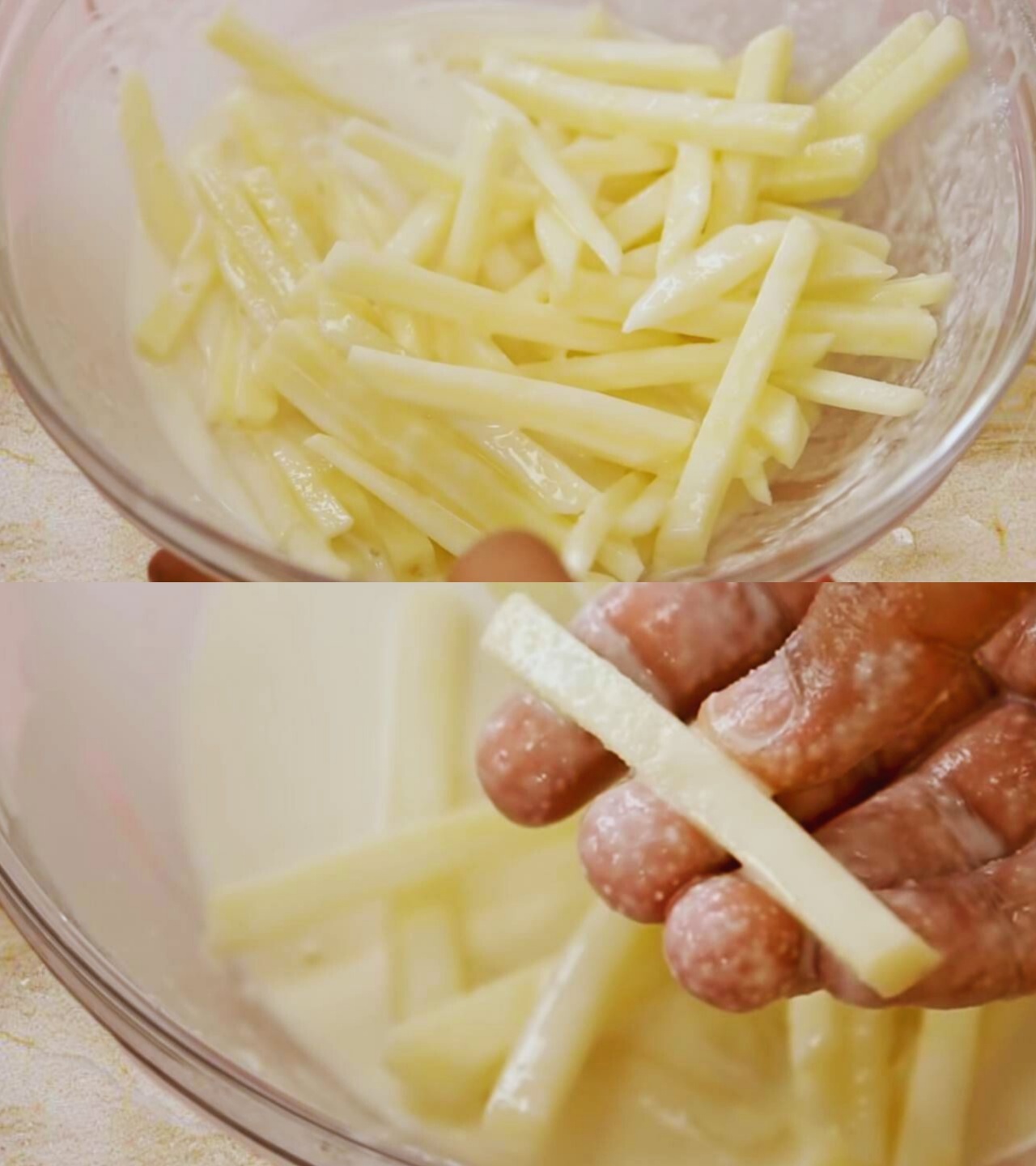 Coating potato fingers with batter 
