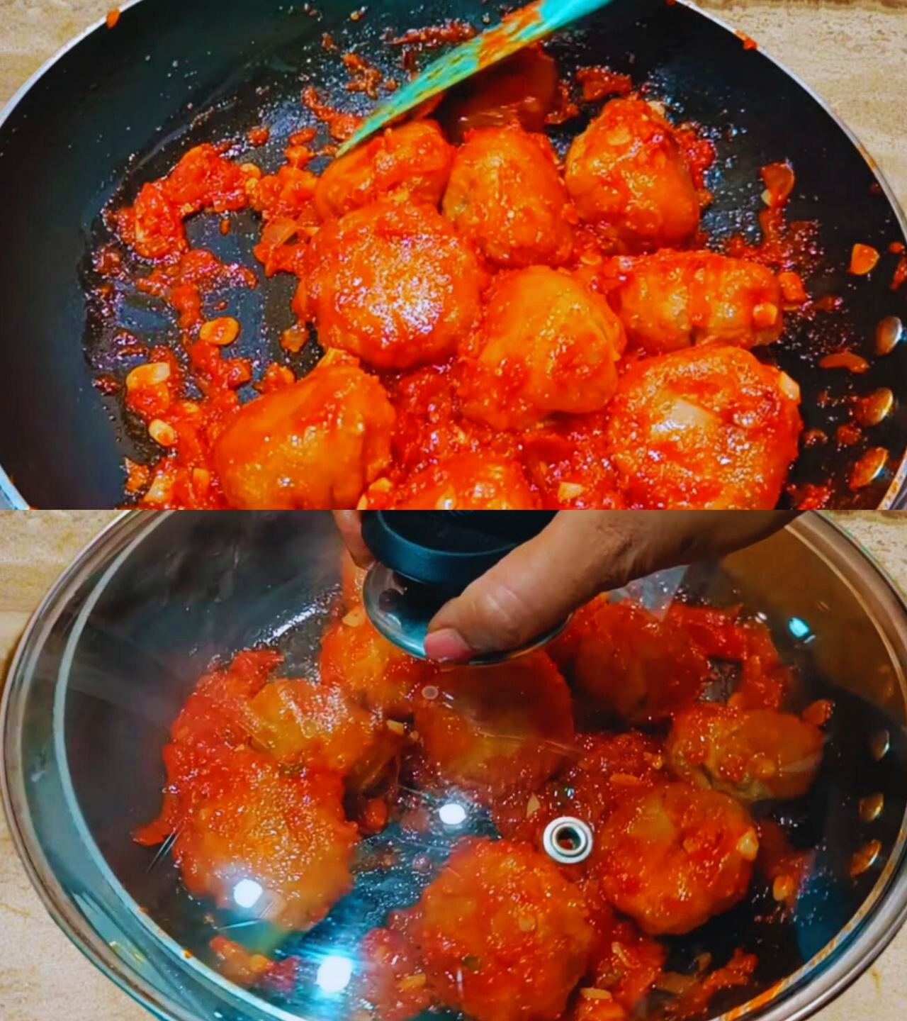 Cooking the Fish Momos in sauce