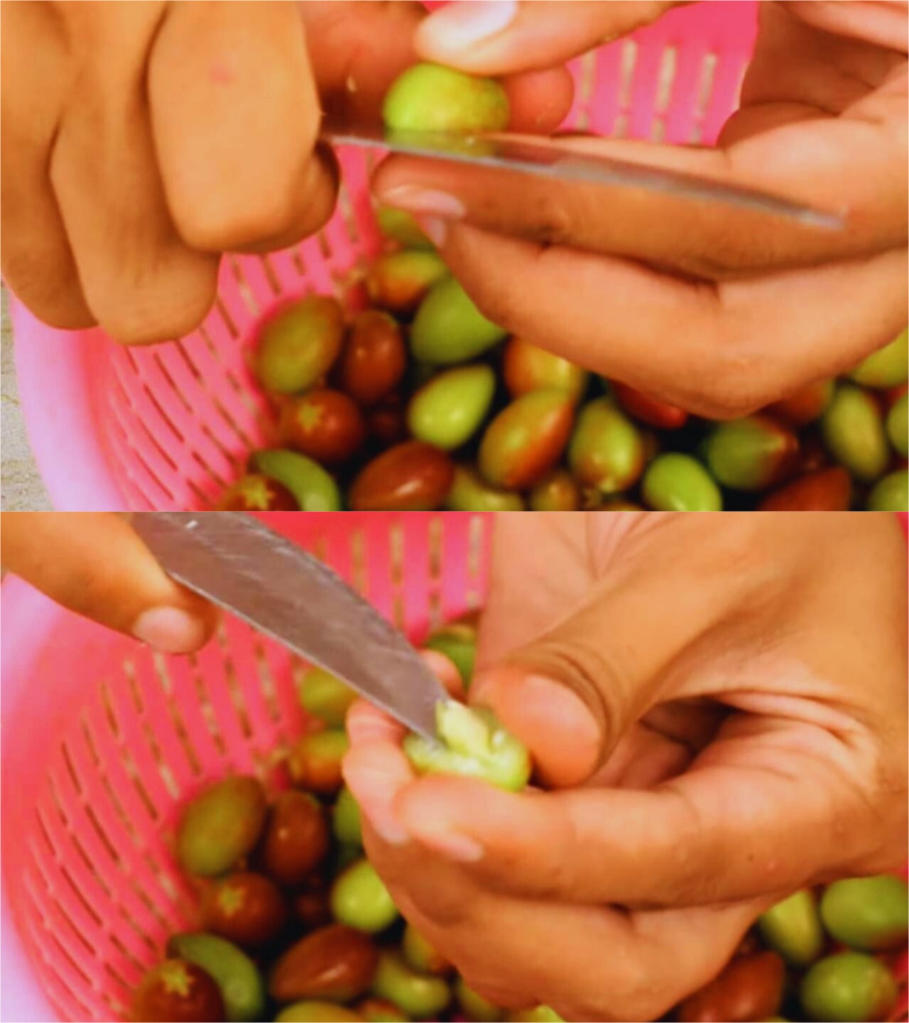 Cutting karonda to make the chutney 