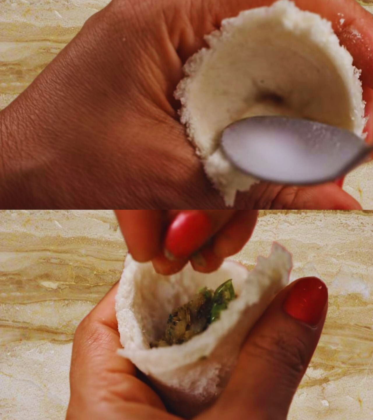 Filling the comes with Bread Samosa mixture 