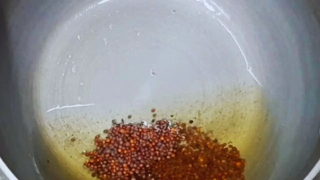 Frying mustard seeds to make the tadka for Dahi Chutney
