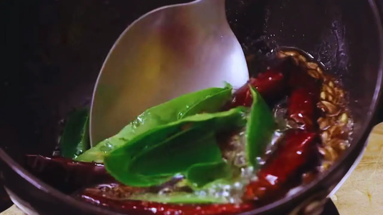 Frying peanut chutney tadka 