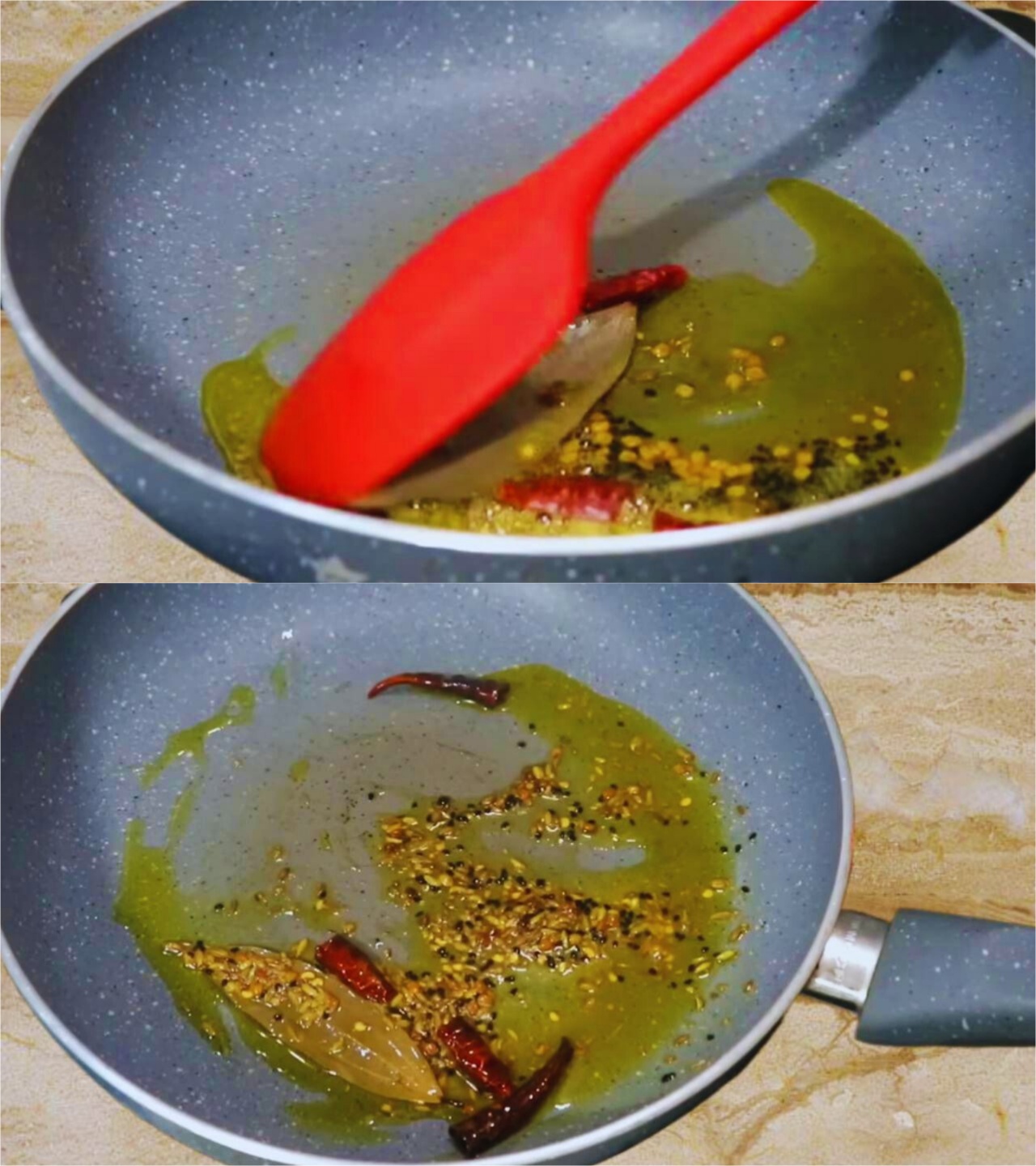 Frying spices to make tomato chutney