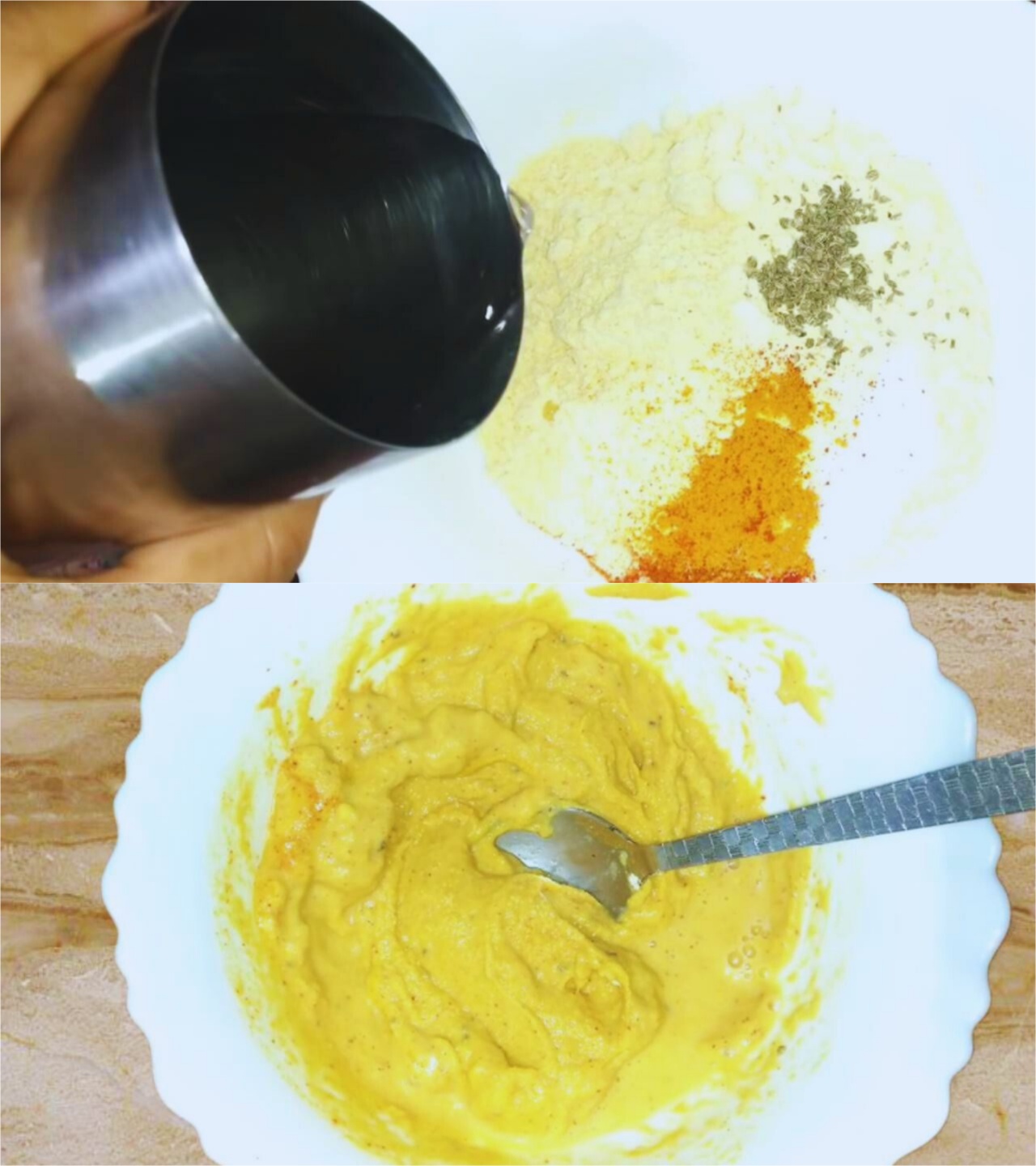 Making the batter with water to coat Chili Pakoras