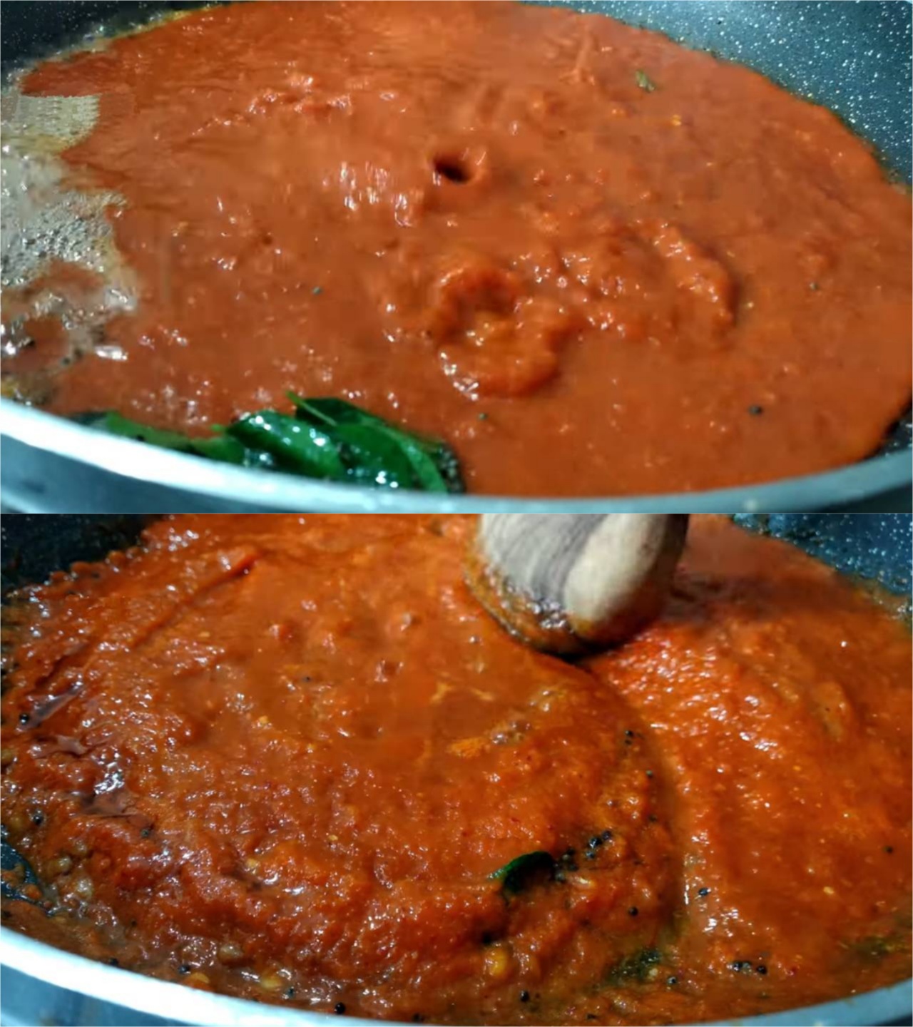 Mixing onion tomato chutney paste with the tadka 