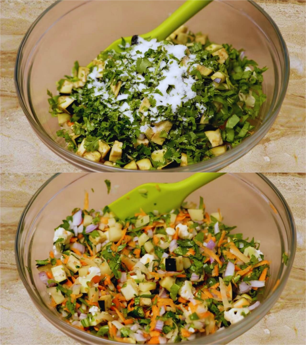 Mixing slat and coriander leaves with Vegetable Pakora ingredients