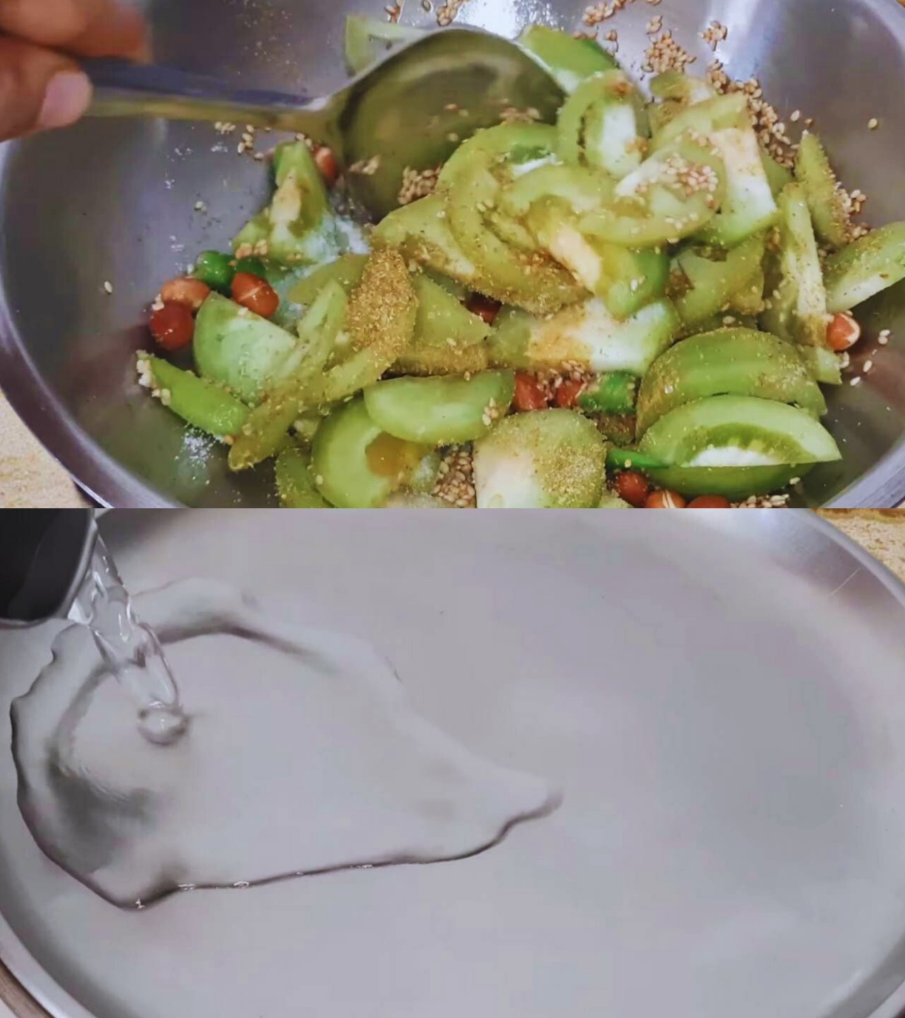 Mixing the powder spices with other Green Tomato Chutney ingredients 
