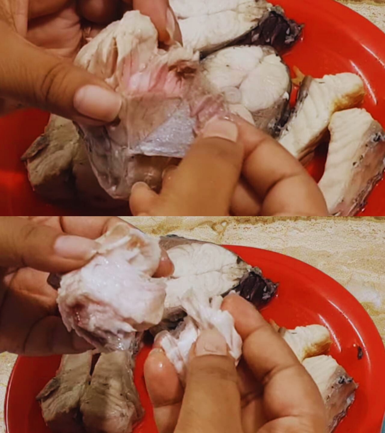 Removing skin and bones from fish to make cutlets 