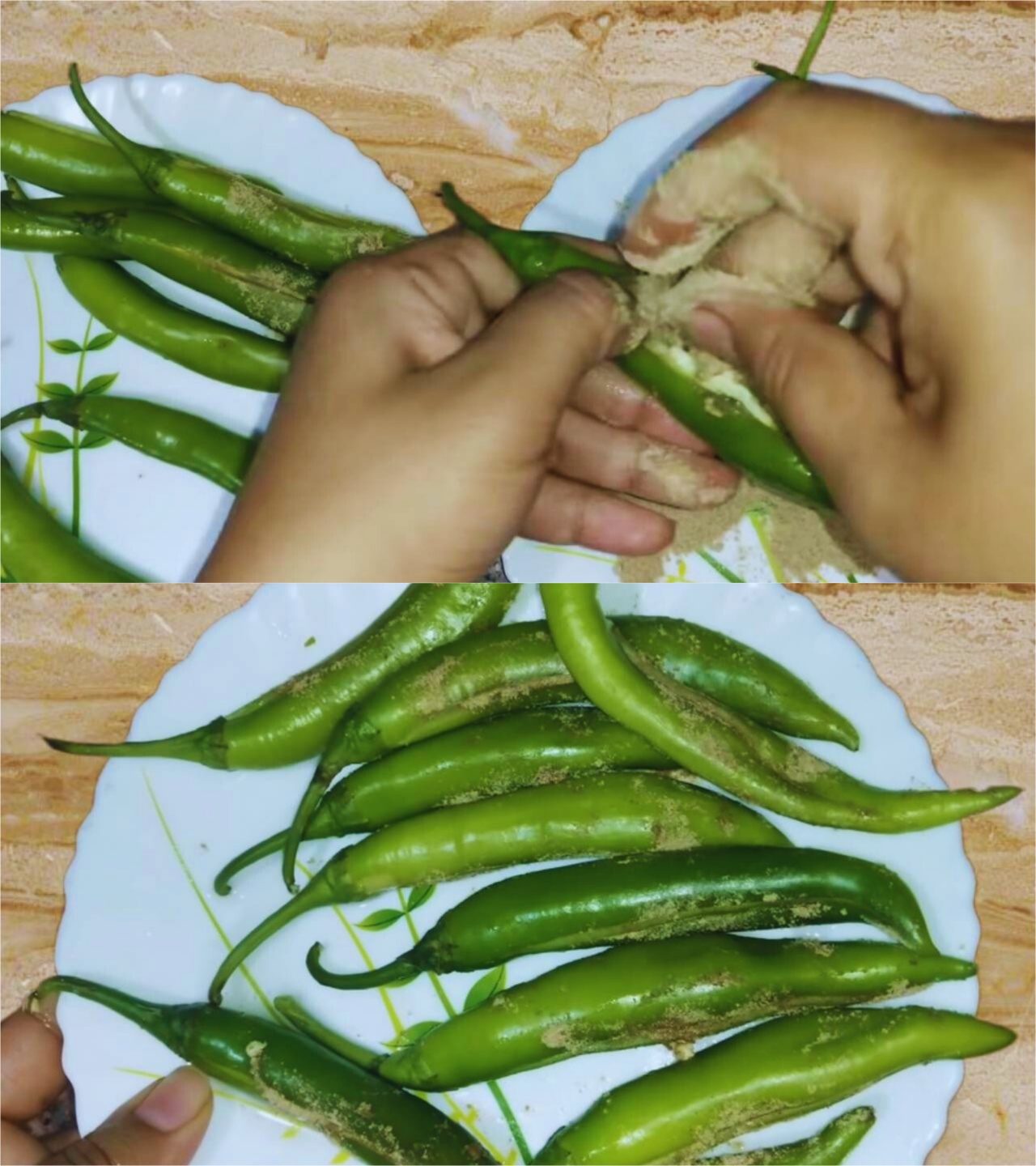 Stuffing the mixture inside the chilies to make pakoras