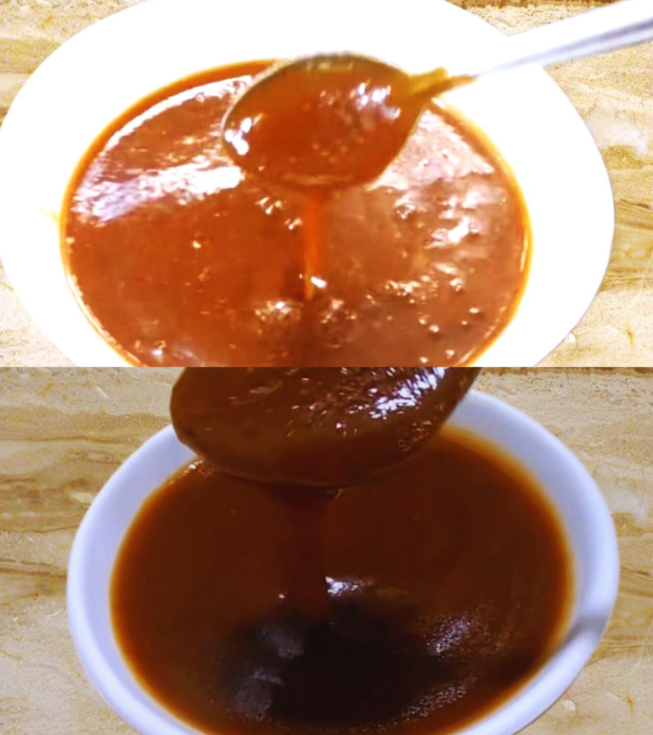 Transferring tamarind chutney to a bowl 