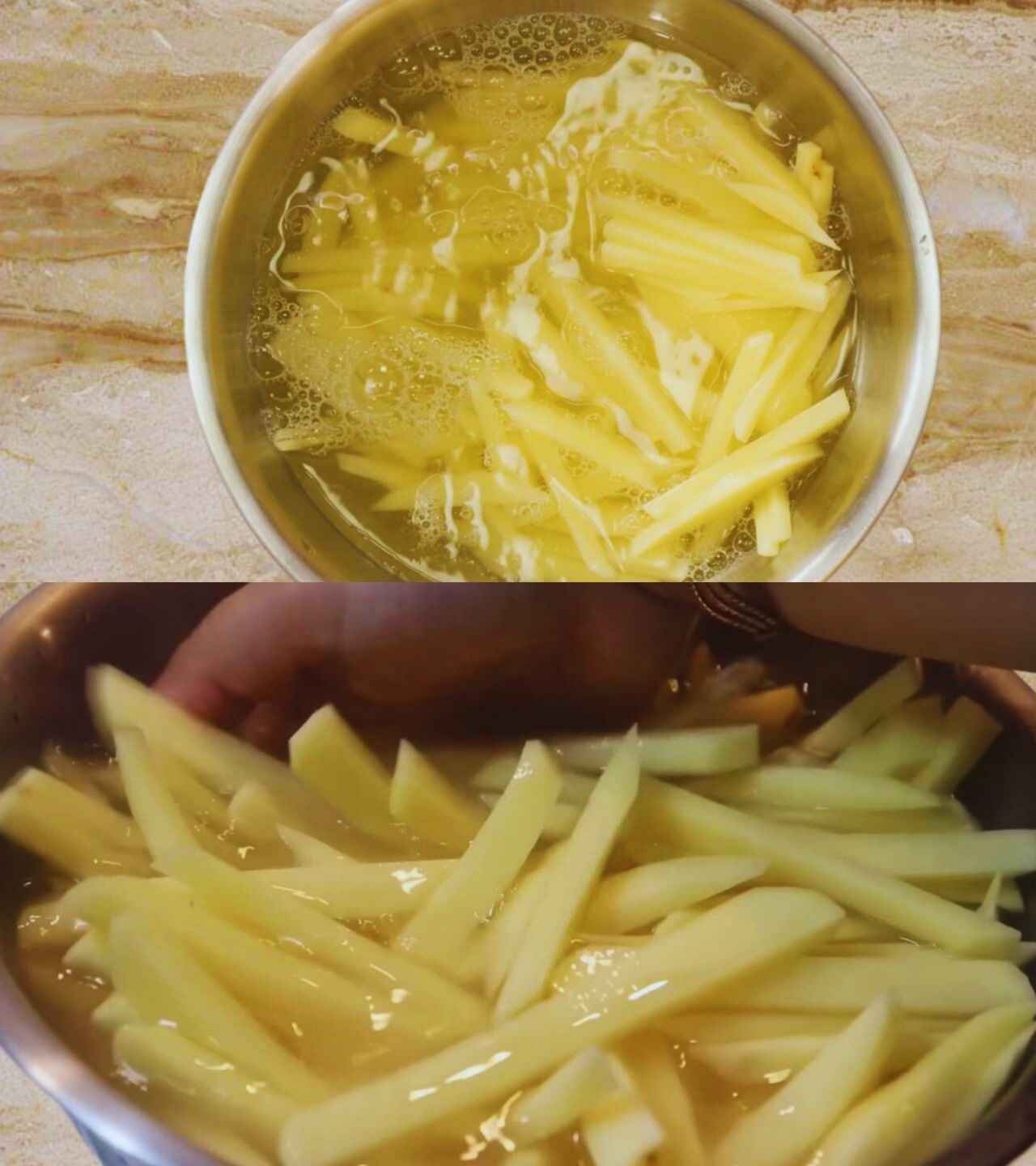 Washing potato fingers for making French Fries