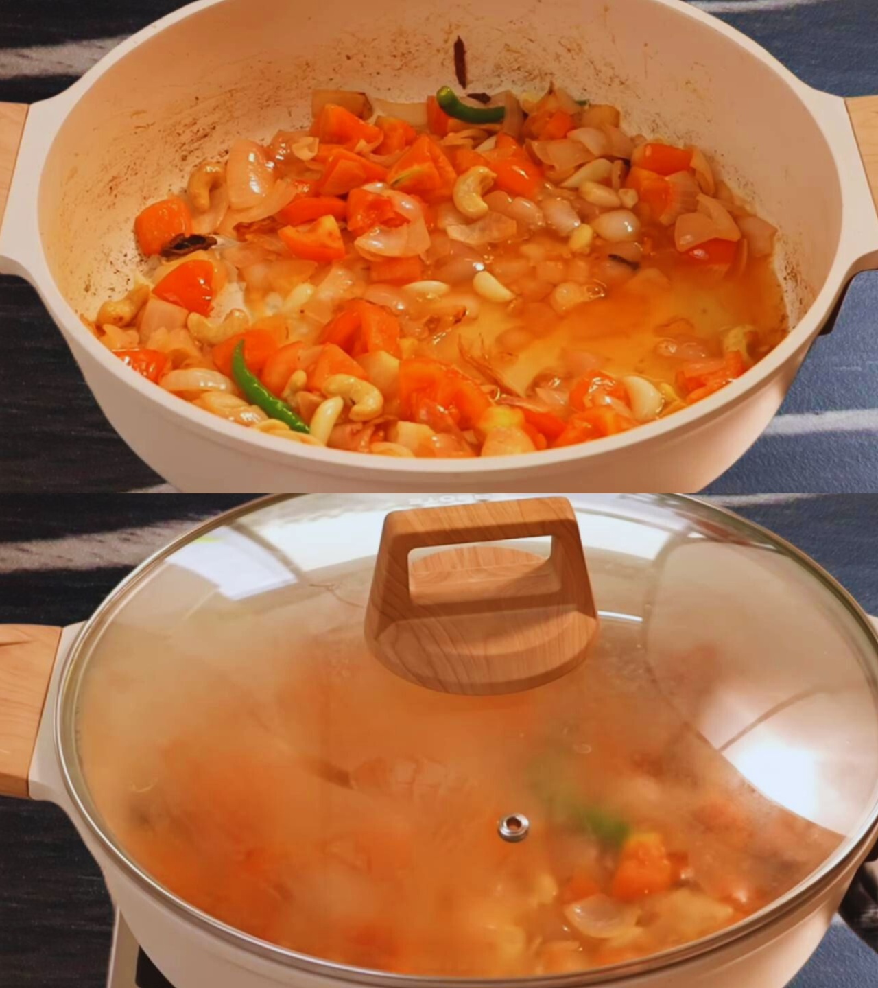 Adding water and cooking onions and tomatoes 