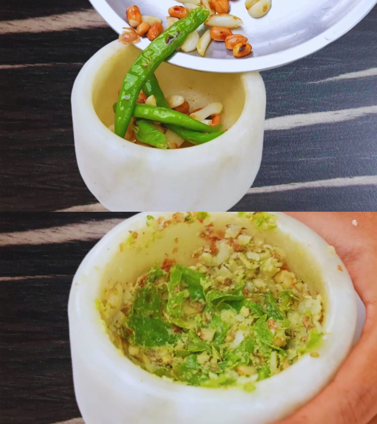 Crushing chili, garlic, and peanuts 