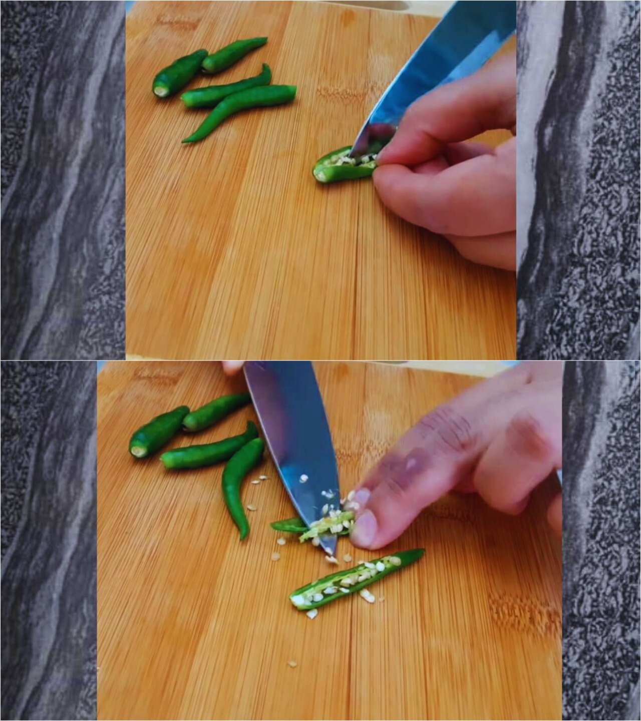 Deseeding green chilies 