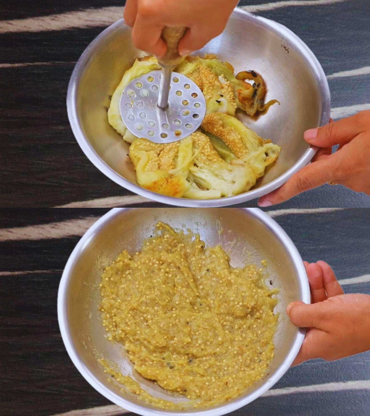 Mashing roasted brinjals 